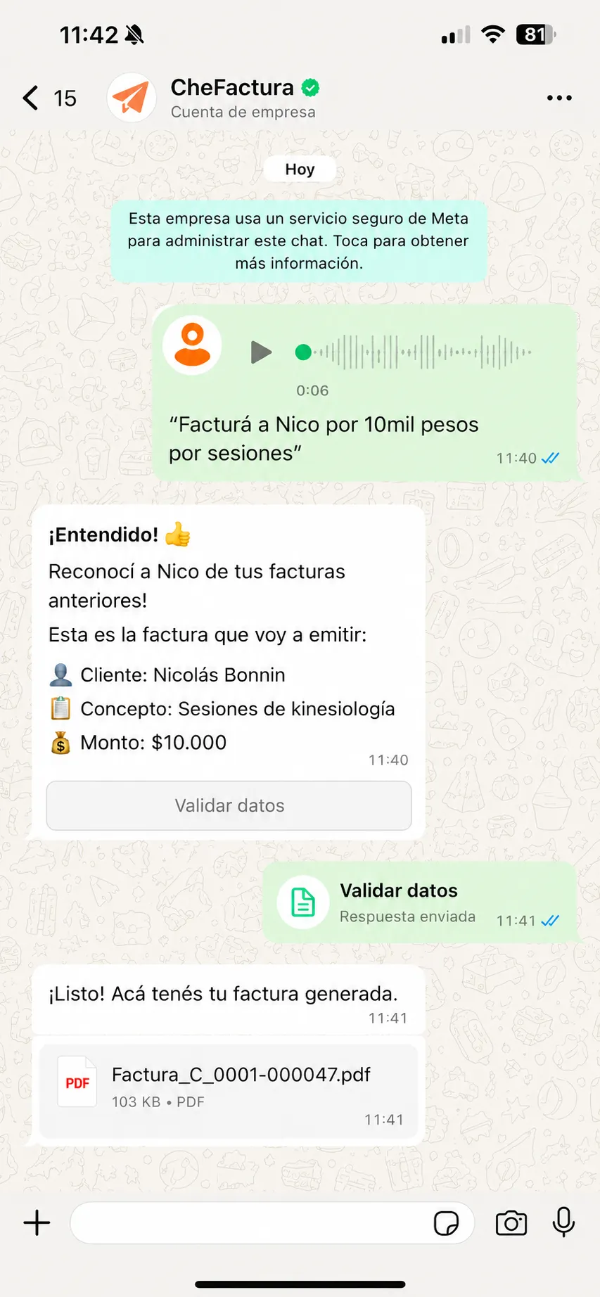 Conversación de WhatsApp con CheFactura: el usuario manda un audio y recibe la Factura C en PDF.